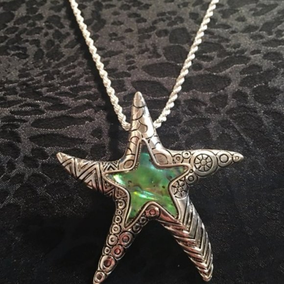 Venice By The Sea Jewelry Jewelry - Star Fish Necklace and Earrings Green Abalone Stones 18K White Gold Plated